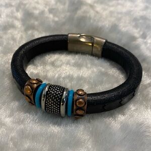🍀Black Leather and Blue, Copper, Silver Beaded Bracelet